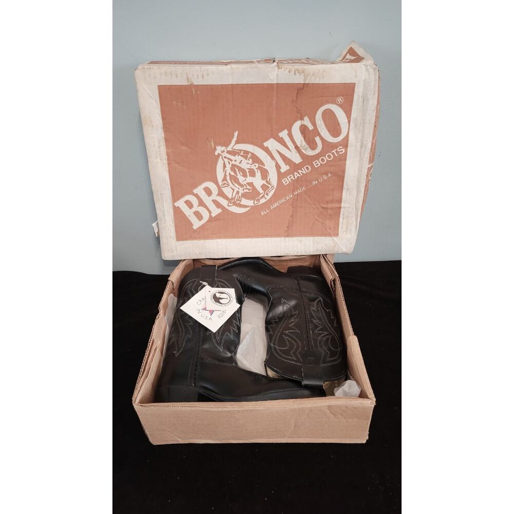 Vintage Bronco Kids Cowboy Boots Child Size 10 Black Western Made USA NOS...
